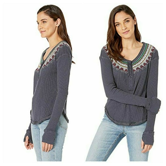 Free People Fair Isla Embroidered  Thermal Henley - Picture 2 of 6